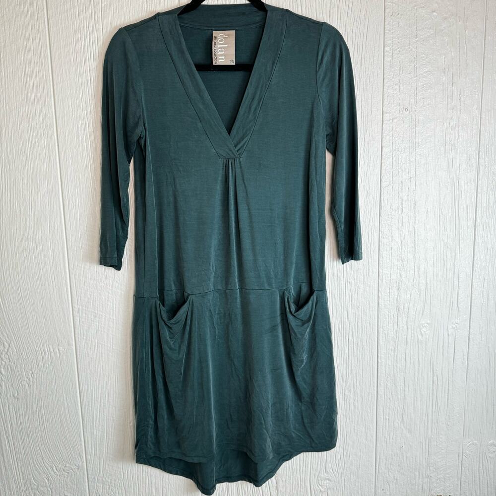 Dolan Left Coast Anthropologie Cupro High Low V-Neck 3/4 Sleeve Green Dress XS - Picture 2 of 11